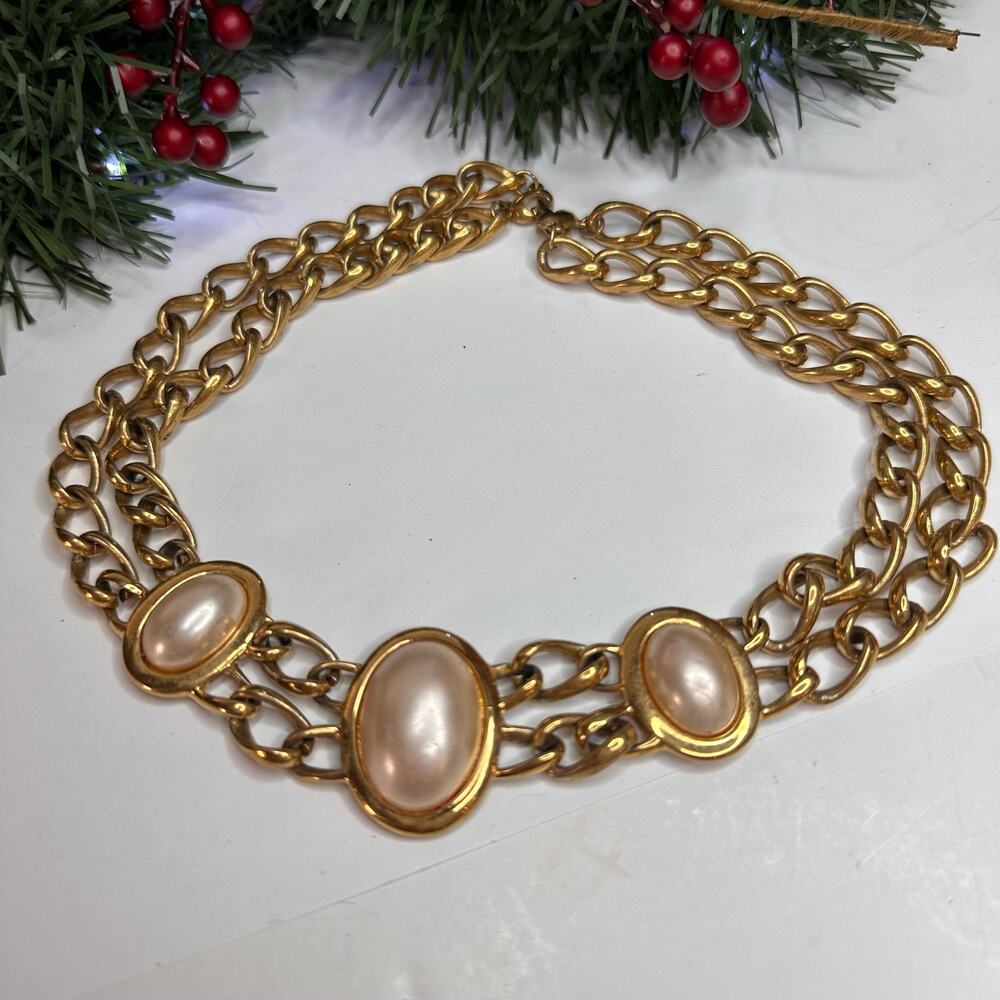 Vintage Napier Double Chain Cream Faux Pearl Choker Necklace 16.5"